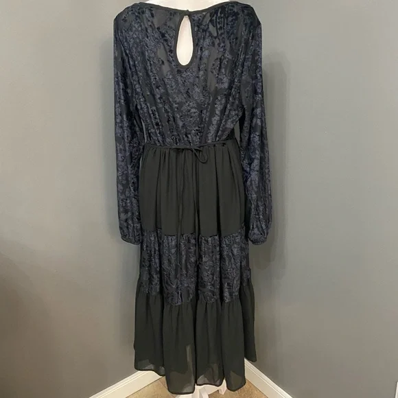 Velvet Burn Out Black/Blue Chiffon Tiered Midi Dress W/Slip Sheer Oversized L - Picture 4 of 17